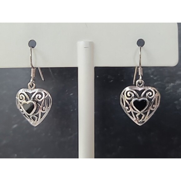 925 Sterling Silver Filigree Black Enamel Heart Shaped Dangling Pierced Earrings - Picture 2 of 11